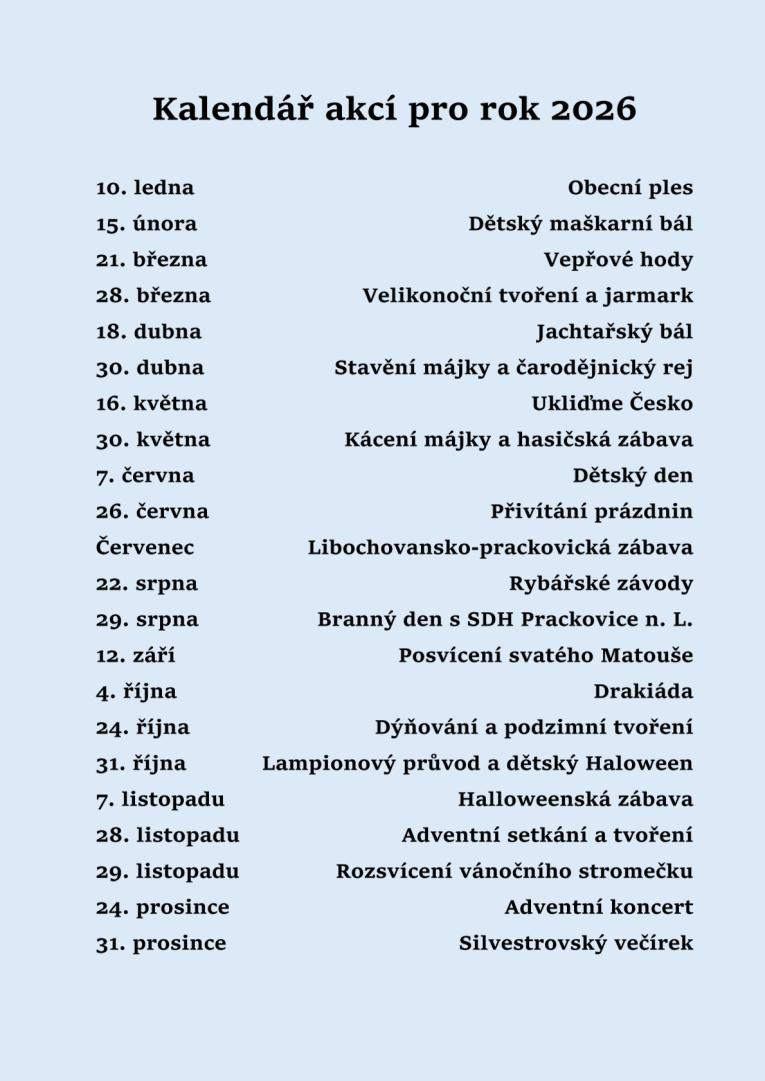 Kalendář akcí pro rok 2026